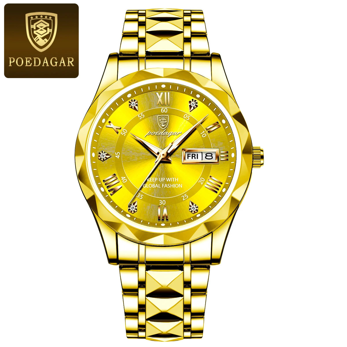 Męski zegarek POEDAGAR Business Luxury, wodoodporny, ze stali nierdzewnej, z podświetleniem, z datownikiem i wskaźnikiem dnia tygodnia, w stylu sportowym, na mechanizmie kwarcowym.