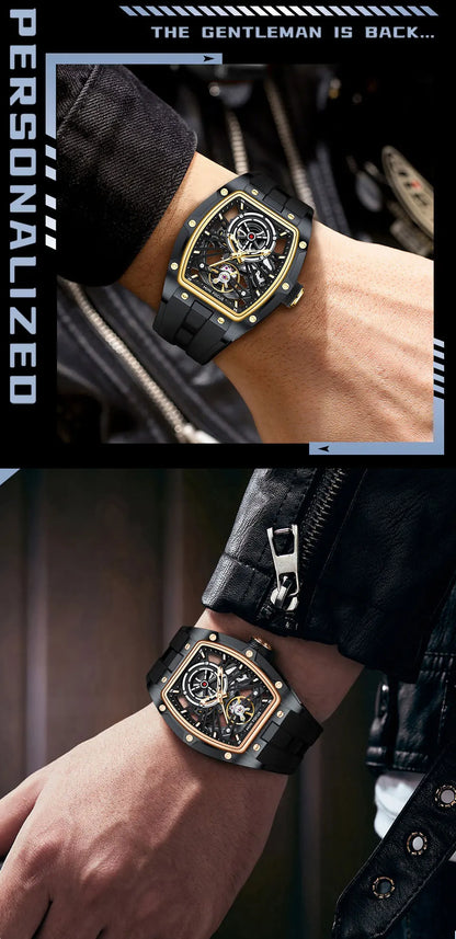 MINI FOCUS herrarmbandsur i moderiktig svart design, vattentät automatisk mekanisk klocka med självlysande visare, silikonarmband och tonneau-urtavla