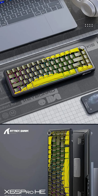 Tastiera gaming wireless Attack Shark X65 PRO HE con switch magnetici, 8K RT 0.001mm, incisione laterale, Bluetooth, per Windows, Mac e PC
