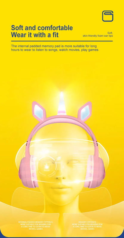 Glow Unicorn Bluetooth Headphones for Kids – LED Bunny Ear Wireless Headphones with Microphone, TF Card Slot, Over-Ear Bluetooth Headset for Gaming, Music & Mobile Devices