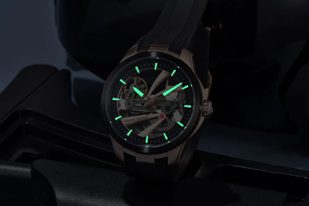 Ανδρικό ρολόι PAGANI DESIGN – Πολυτελές αυτόματο μηχανικό μοντέλο, τύπου «σκελετού» (με ανοιχτή καρδιά), εξοπλισμένο με τουρμπιγιόν, ζαφειρένιο κρύσταλλο με αντιανακλαστική επίστρωση, αδιάβροχο και φωταυγές.