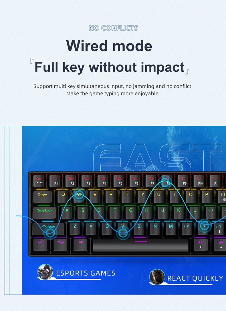 Teclado mecânico gaming com fios APAYADO K61 60% Mini Phantom RGB, 61 teclas, switches vermelhos/azuis, ergonómico, portátil para PC/portátil