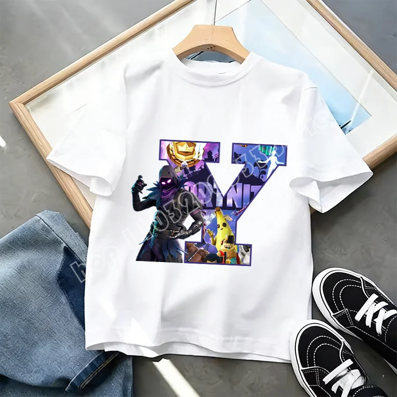 Fortnite A-Z Alphabet Print T-Shirt für Kinder, Sommer, weiß, beliebtes Cartoon-Game-Shirt, modisches Casual-Kurzarmtop, Geschenk