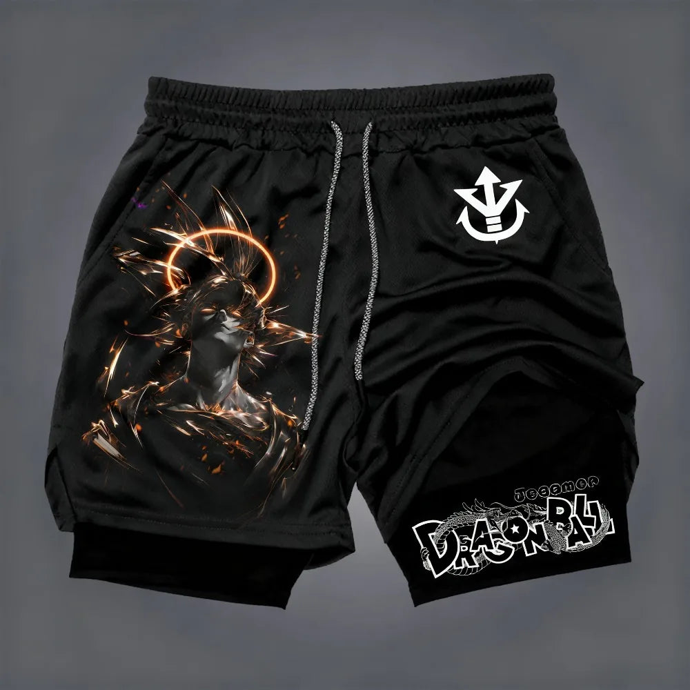 Produit gaming premium Fraquane Dragon Ball Men's Double-layer Shorts Son Goku Summer Japanese Anime Fake Two-piece Sports Fitness Quick-drying Shorts, équipement gamer