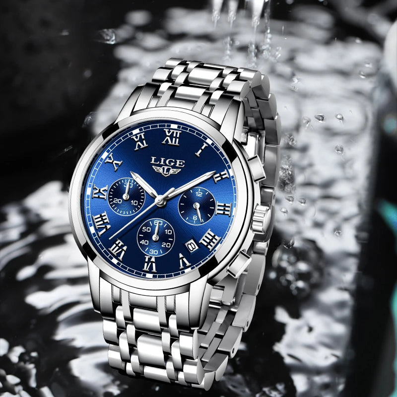 Pánské hodinky LIGE – luxusní chronograf, ležérní sportovní styl, vodotěsné, celokovové, quartzový strojek