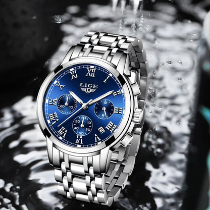 Pánské hodinky LIGE – luxusní chronograf, ležérní sportovní styl, vodotěsné, celokovové, quartzový strojek