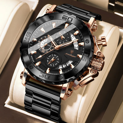 Luxusné pánske hodinky POEDAGAR, svietiace, vodotesné, chronograf, dátum, nerezová oceľ, quartz, Reloj