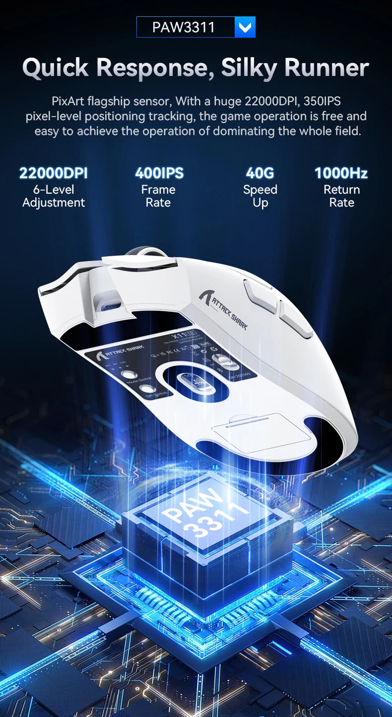 Rato Gaming Sem Fios ATTACK SHARK X11SE, Tri-Mode, Superleve de 63g com Sensor PAW3311, 22000 DPI, Bateria de 300mAh, Duplo Driver