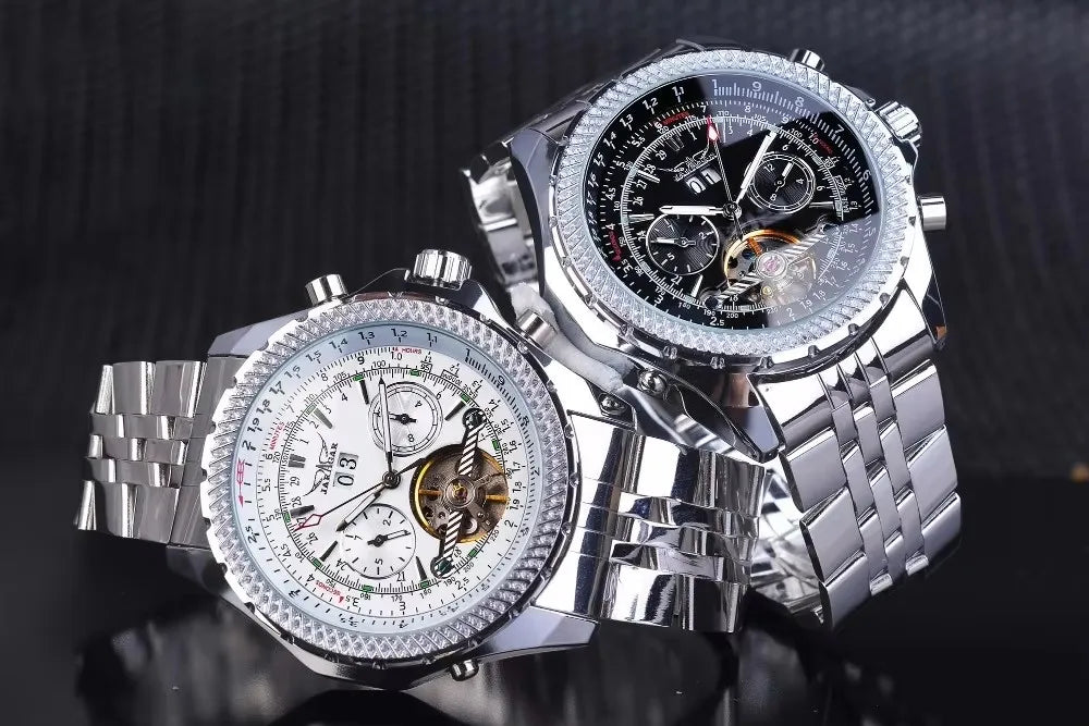 JARAGAR 034 luxe retro automatisch mechanisch horloge, tourbillon, hol skelet, roestvrij staal, weekkalender, herenhorloge