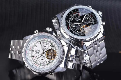 JARAGAR 034 luxe retro automatisch mechanisch horloge, tourbillon, hol skelet, roestvrij staal, weekkalender, herenhorloge