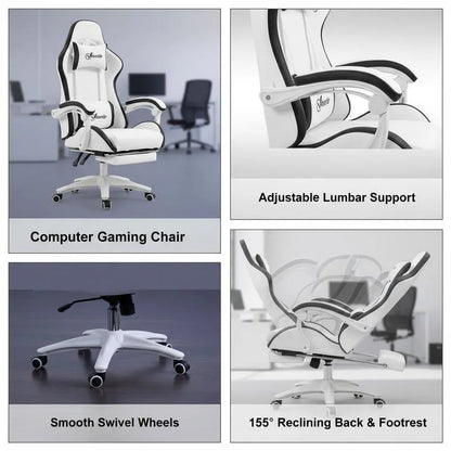 Leather Gaming Chair 135° Reclining with Retractable 360° Swivel Height Ergonomic White Contrast Edge Office Chair 120KG Capacity