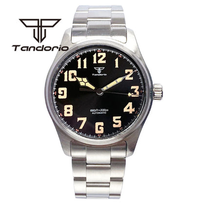 Tandorio 39 mm – męski zegarek automatyczny typu pilot nurkowy, mechanizm NH35/PT5000/Miyota8215, szafirowe szkło AR, wodoodporność 20 barów, świecące wskaźniki