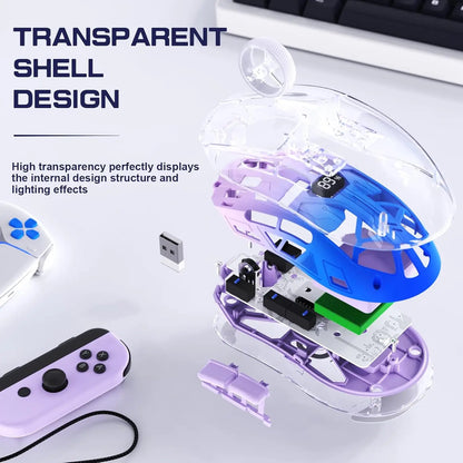 A2 Transparent Wireless Gaming Mouse, BT 5.0/2.4G PC Rechargeable RGB Mice with Digital Screen, PixArt 3212, 5 Adjustable DPI