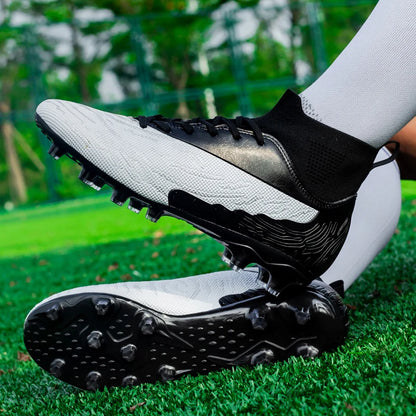 Chaussures de Football noires pour hommes, crampons AG/FG, bottes d'entraînement pour hommes, chaussures de Sport à cheville haute, baskets pour enfants et adultes 35-45