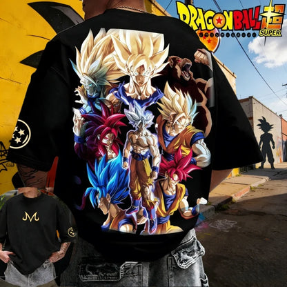Sommer-Dragon Ball-T-shirt i 100 % bomuld med print af Goku i alle former – oversized gym- og streetwear-T-shirt i retrostil til voksne og børn