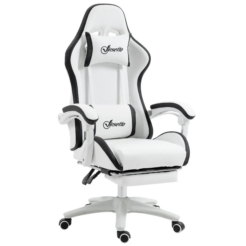 Leather Gaming Chair 135° Reclining with Retractable 360° Swivel Height Ergonomic White Contrast Edge Office Chair 120KG Capacity
