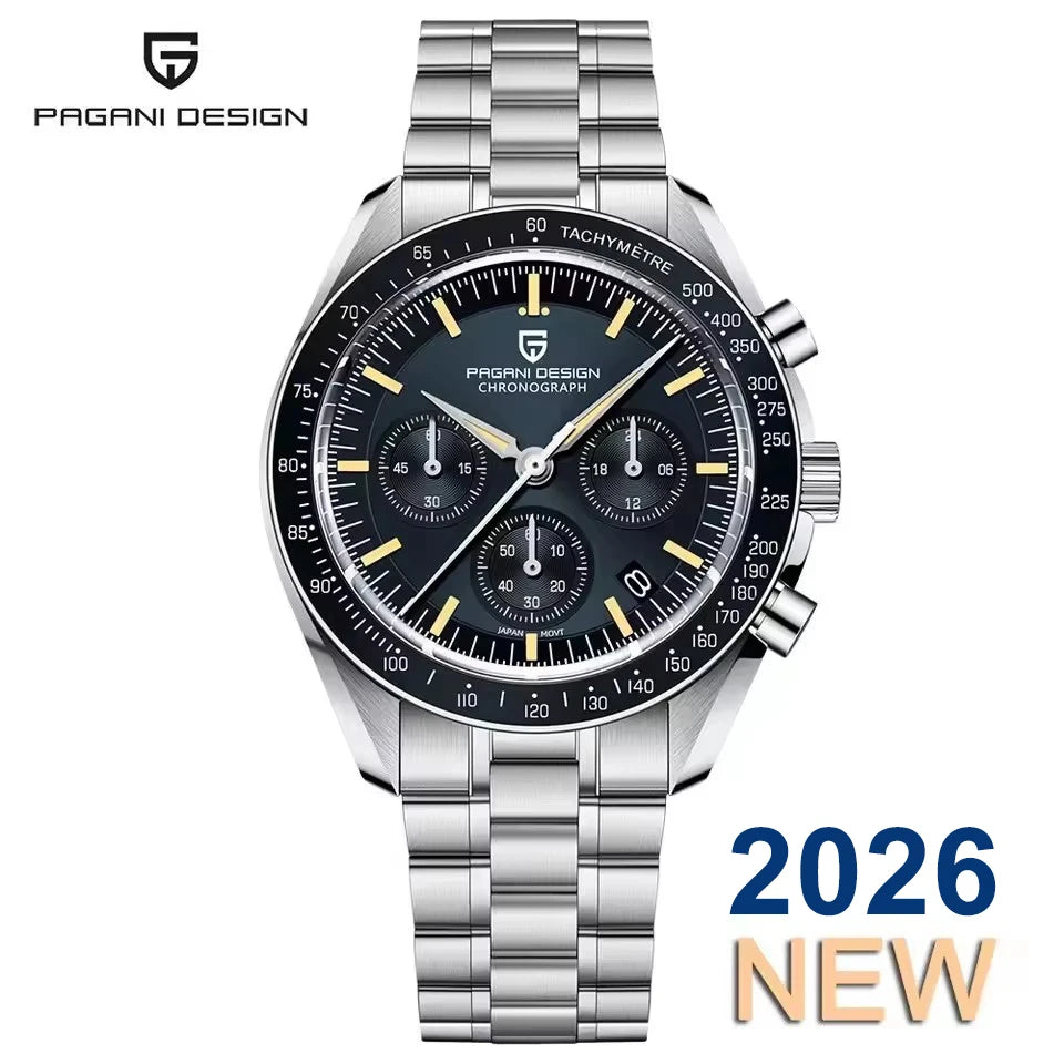 Montre pour homme PAGANI DESIGN « New Moon » – Montre à quartz de luxe, chronographe, verre saphir avec traitement antireflet, lunette en céramique, aiguilles luminescentes