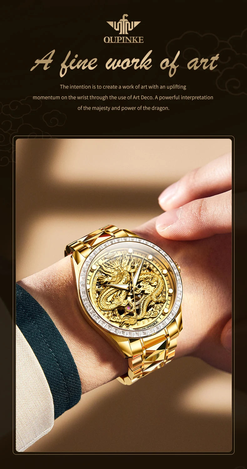 OUPINKE Men's Watches Top Brand Luxury Gold Tungsten Steel Original Automatic Mechanical Wristwatch Featured Dragon Pattern Dial
