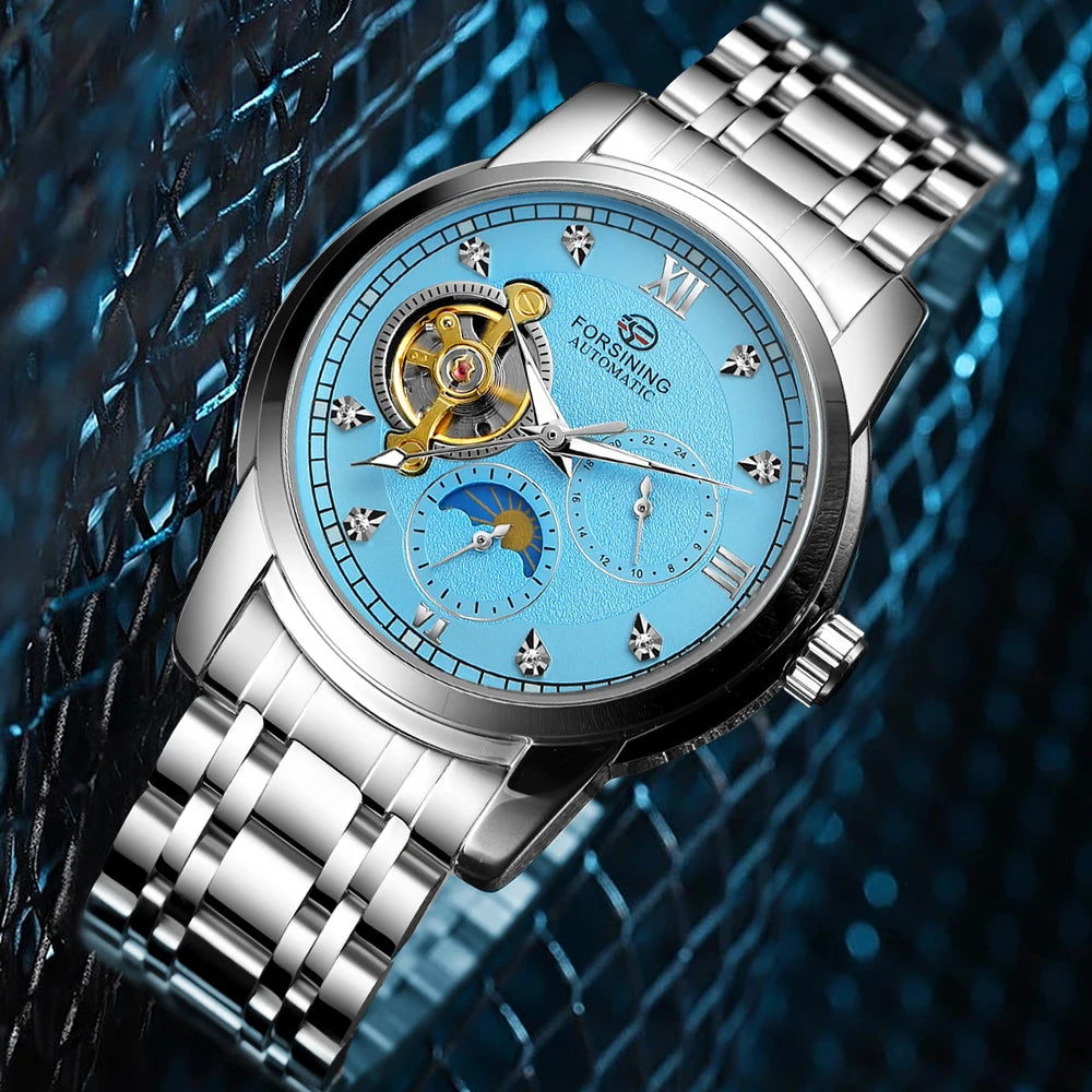 Forsining mekanisk automatisk herrklocka – Lyxig, affärsmässig och trendig stil, metallarmband, tourbillon, självlysande visare, prydd med syntetiska diamanter
