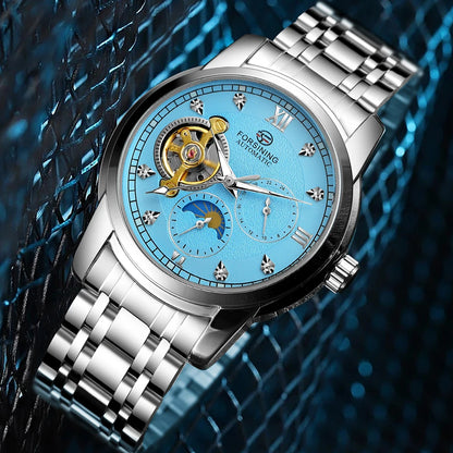Forsining mekanisk automatisk herrklocka – Lyxig, affärsmässig och trendig stil, metallarmband, tourbillon, självlysande visare, prydd med syntetiska diamanter