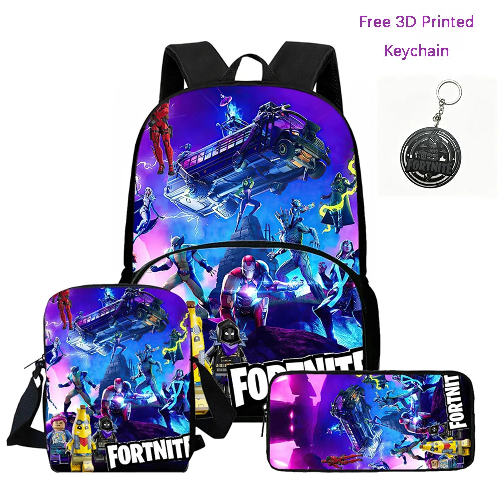 FORTNITE 3Pcs Lightweight Backpack With Front Pocket,Crossbody Bag&Pencil Case For Age 5-10 Boys Girls,Free 3D Printed Keychain