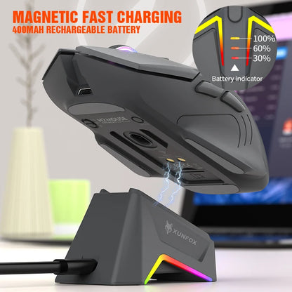 XUNSVFOX H2 Wireless Bluetooth Dual-Mode Mouse with RGB Lighting Effect for Laptop Gaming and Office, Magnetic Charging