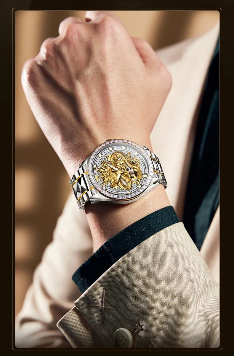 OUPINKE Men's Watches Top Brand Luxury Gold Tungsten Steel Original Automatic Mechanical Wristwatch Featured Dragon Pattern Dial