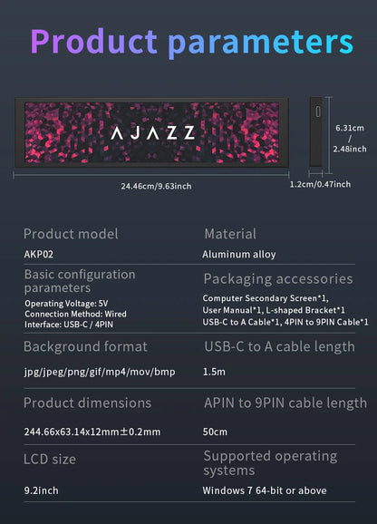 Ajazz AKP02 9,2-Zoll-DIY-Universal-Zweitbildschirm aus Aluminiumlegierung mit verschiedenen anpassbaren Designs, geeignet für Windows 7
