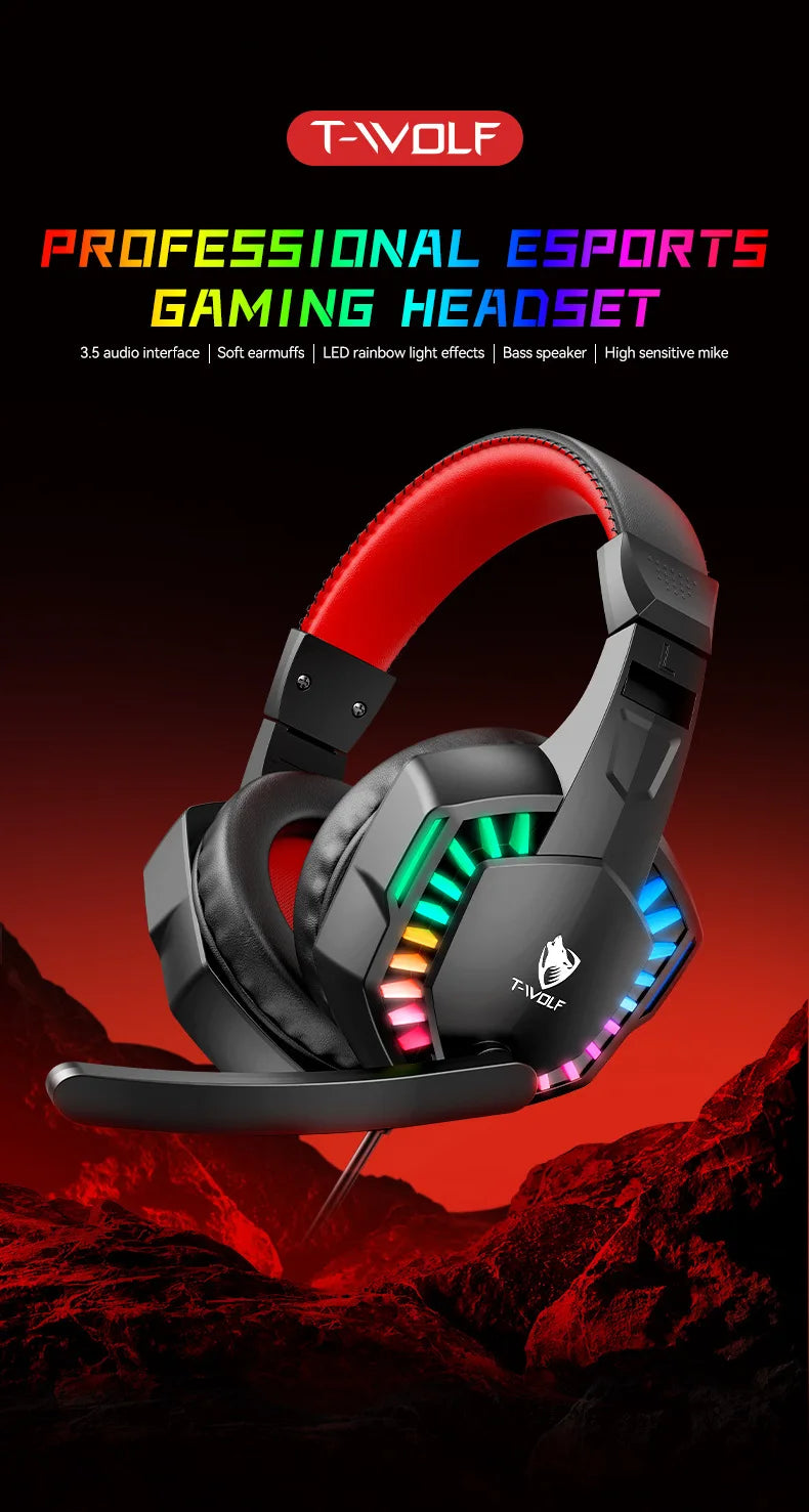 H120 RGB LED Light Wired Headphones USB 3.5mm Audio Interface Bass Stereo Sound Gaming Headsets with High Sensitivity Microphone