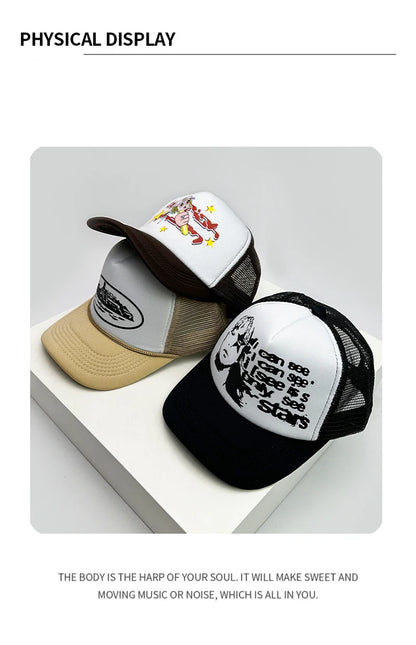 American Style Cruise Printed Anime New Letter Mesh Trucker Caps Sunshade Breathable Baseball Hats Men Women Versatile Fashion