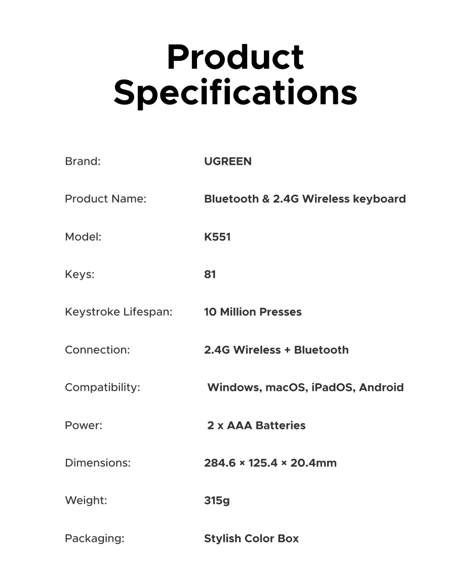 UGREEN Keyboard Wireless Bluetooth 5.3 2.4G Russian/EN 78 Keycaps For MacBook iPad PC Tablet  Scissor Foot Structure
