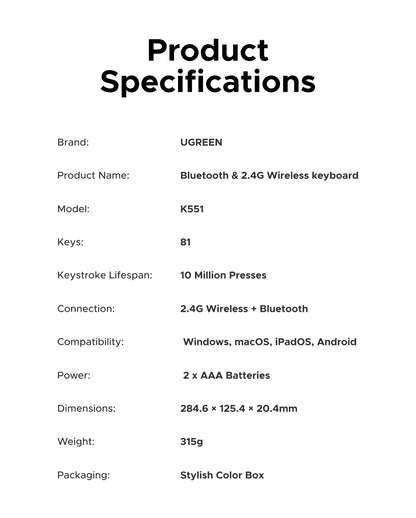 UGREEN Keyboard Wireless Bluetooth 5.3 2.4G Russian/EN 78 Keycaps For MacBook iPad PC Tablet  Scissor Foot Structure