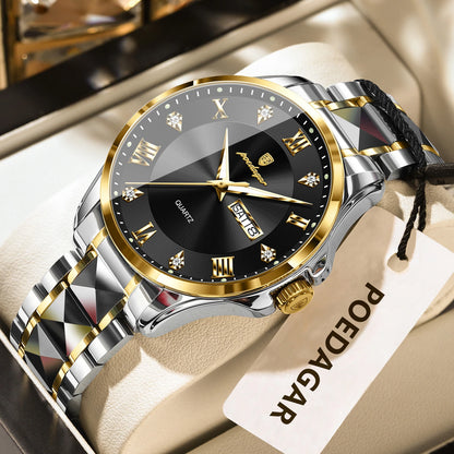 Reloj para hombre POEDAGAR, modelo de lujo original, resistente al agua, luminiscente, con indicador de fecha y día, estilo elegante, caja de acero inoxidable, mecanismo de cuarzo, ideal para el trabajo.