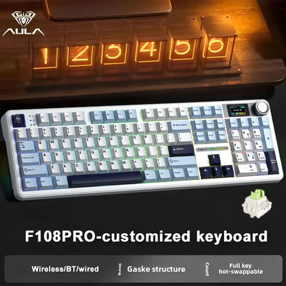 AULA F108 PRO Esports Gaming Mechanical Keyboard Three Mode Custom Multi-Knob RGB Backlight Keyboard with TFT Smart Display