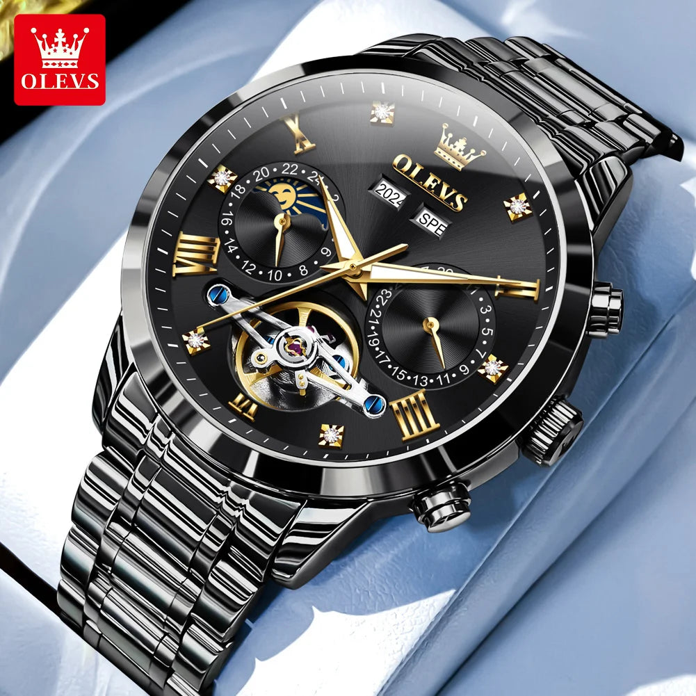 OLEVS Men's Watches - Moon Phase Hollow Flywheel Exclusive Original Automatic Mechanical Watches For Men Luxury Man Watch New 7029