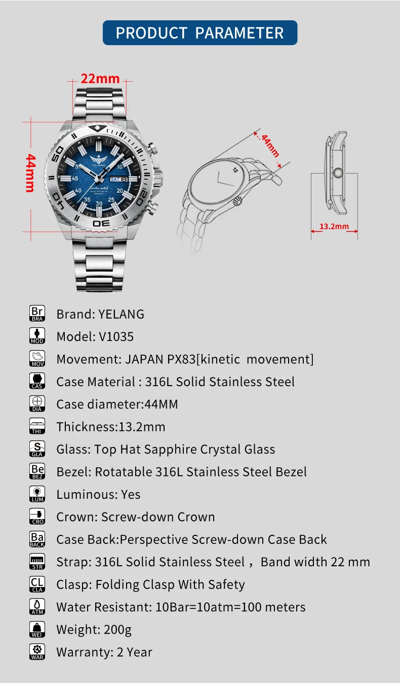 Yelang Watches V1035 44mm Men's Diving Watch Human Kinetic Energy Watch 100m Waterproof Watches Luminous Japan PX83 Sapphire