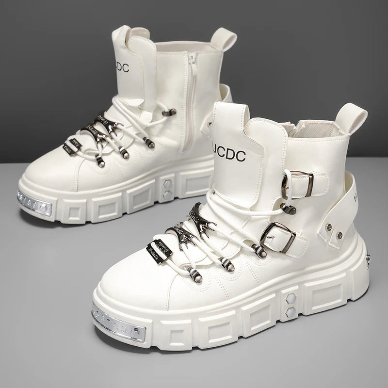 Baskets montantes noires à rivets, mode, pour homme, en cuir, design de luxe, chaussures de ville, style gothique et punk, bottes de moto pour homme, grandes tailles jusqu'à la taille 46