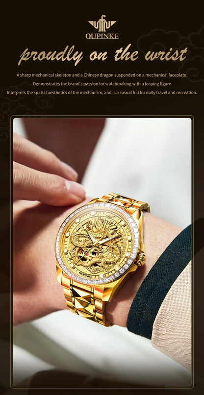 OUPINKE Men's Watches Top Brand Luxury Gold Tungsten Steel Original Automatic Mechanical Wristwatch Featured Dragon Pattern Dial