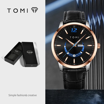 TOMI-kvartsur, elegant i affärsstil, med läderarmband, boett i legering och urtavla med visare – Exklusiv design, presentidé för män