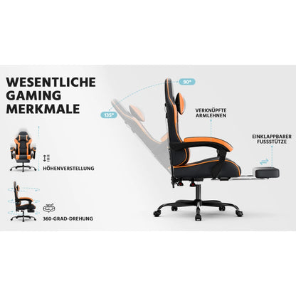 Gaming Chair Ergonomic Gaming Armchair with Lumbar Support, Breathable PU Leather Office Chair, Comfortable Computer Chair, Load Capacity 200kg, Adjustable Seat Height and Backrest, Black-Orange