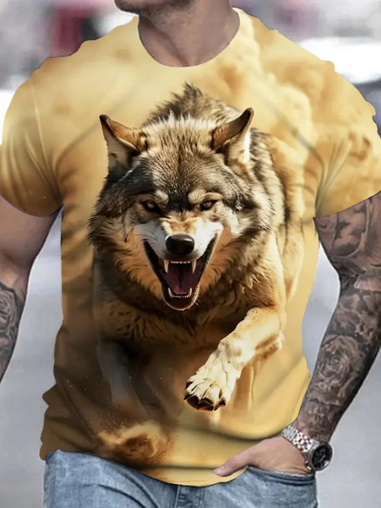 Ανδρικό T-shirt με 3D σχέδιο «Fire Wolf» και γραφικό τύπωμα, καλοκαιρινό, oversized, casual, ανδρική μόδα, γυμναστική, κοντομάνικο, ρούχα, μπλούζες