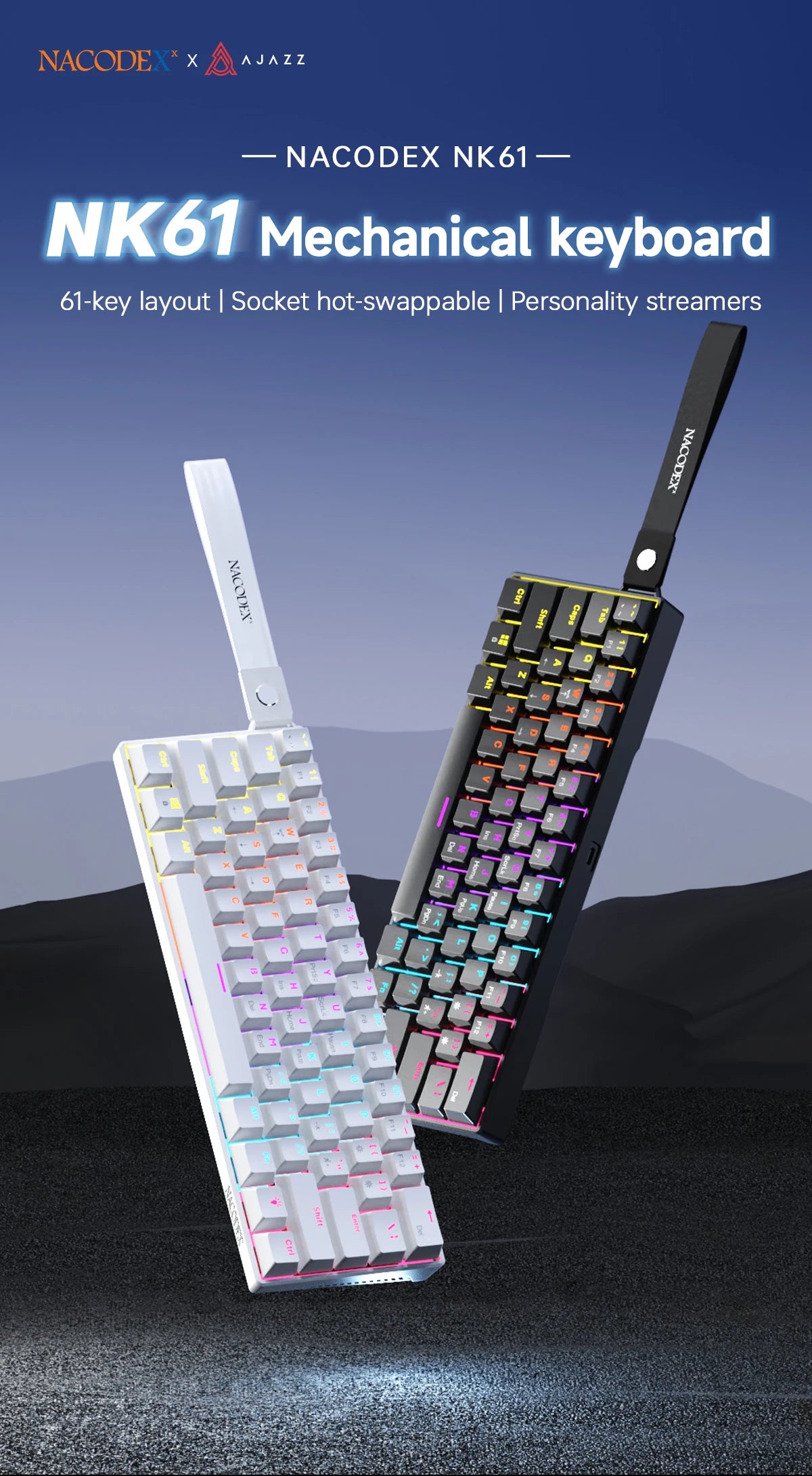 Ajazz NK61 Wired Mechanical Gaming Keyboard with full-key hot-swappable switches  RGB lighting effects 61 keys red switches