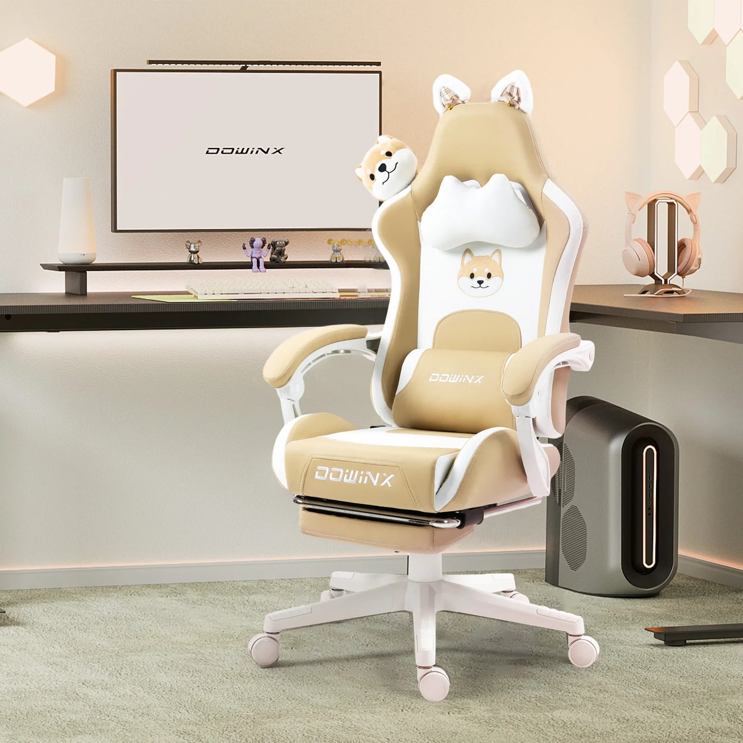 Cute Gaming Chair with Cat Ears Footrest Pink Kawaii Computer Chair Ergonomic High Back Gamer Seat with Cat Paw Lumbar Support
