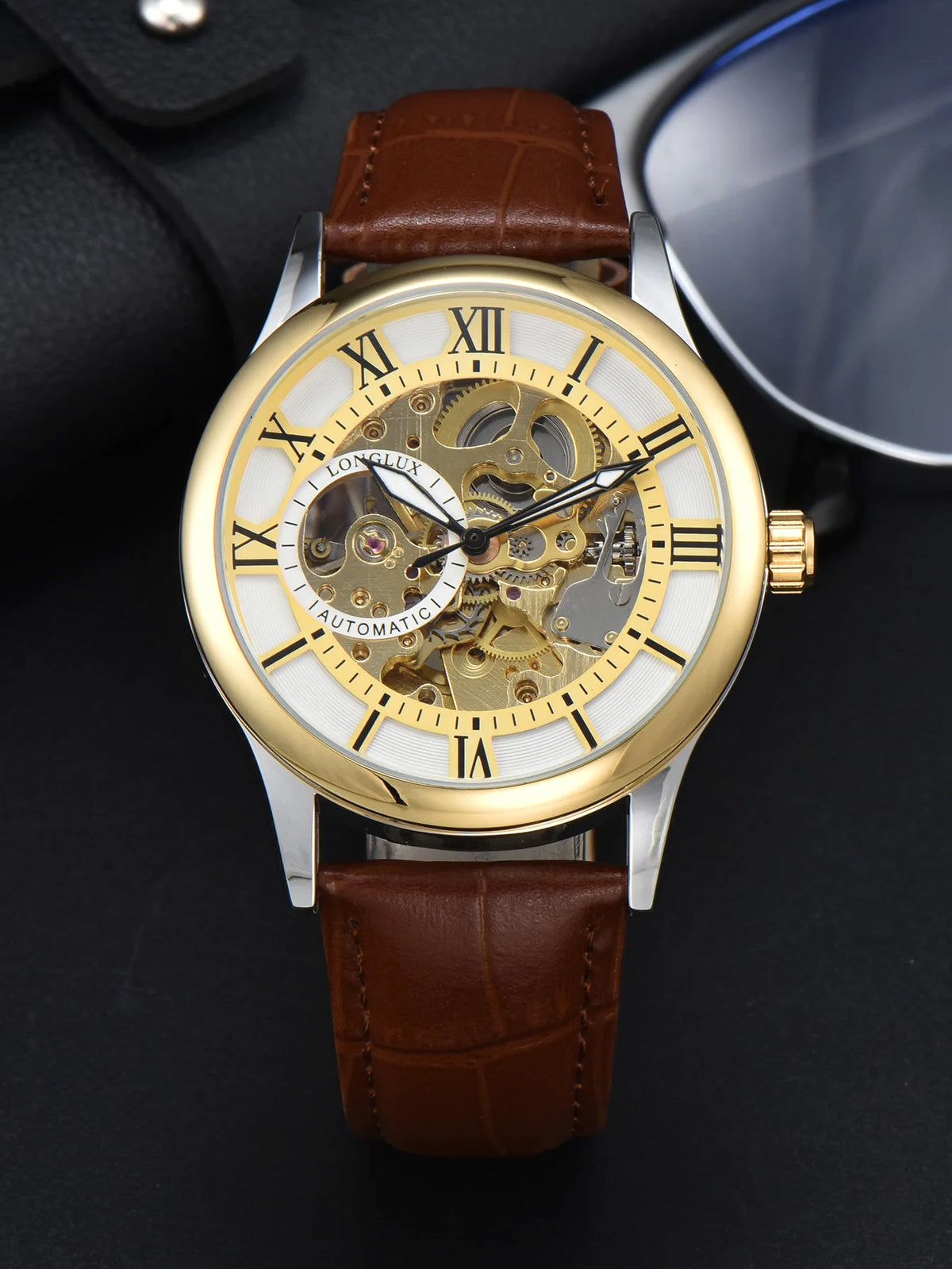 Men’s automatic watch, luxury style, Roman numeral dial, open-worked (skeletonised) movement, water-resistant, luminescent hands, leather strap – An ideal choice as a gift.