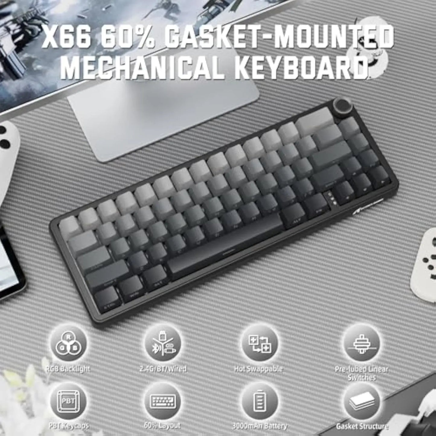Attack Shark X66 Gasket Wireless Mechanical Gaming Keyboard with Volume Knob RGB Backlit Side Printed PBT Keycaps