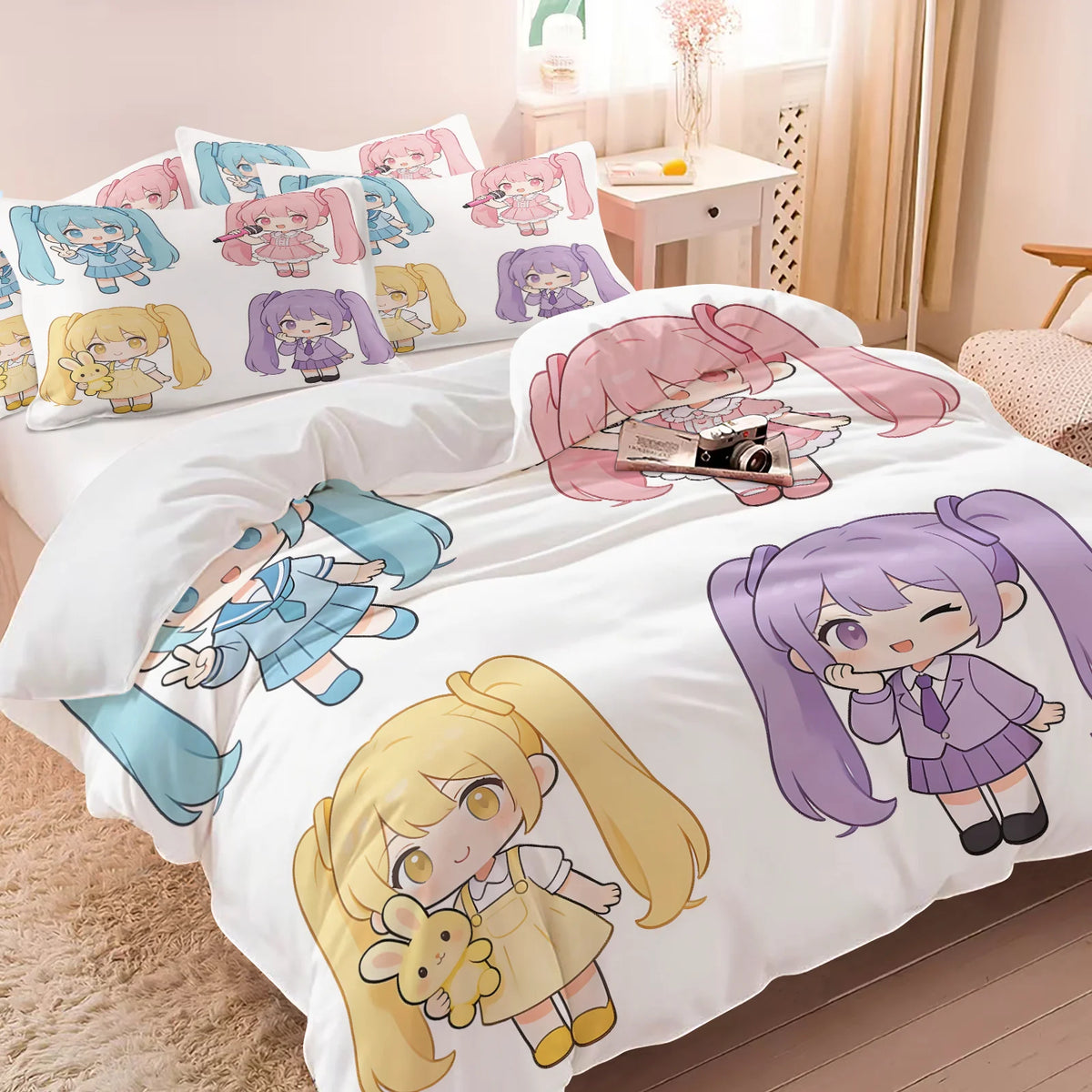 Σετ κάλυμμα παπλώματος Hatsune Miku σε στυλ Chibi – Χαριτωμένα κλινοσκεπάσματα anime με μαξιλαροθήκες – Διακόσμηση υπνοδωματίου για εφήβους και παιδιά – Δώρο για τους θαυμαστές
