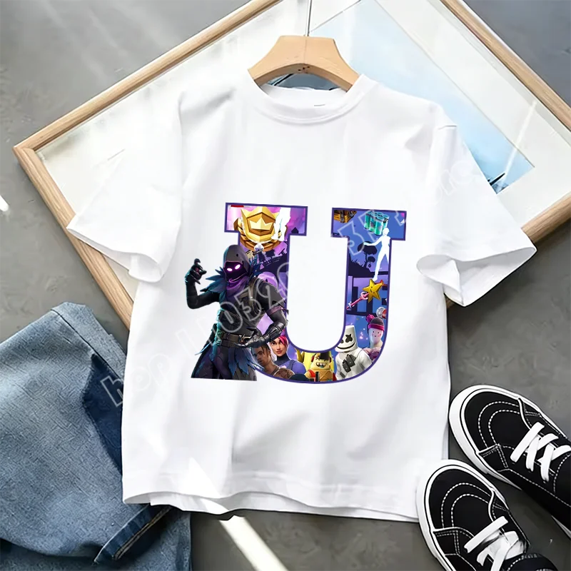 Fortnite A-Z Alphabet Print T-Shirt für Kinder, Sommer, weiß, beliebtes Cartoon-Game-Shirt, modisches Casual-Kurzarmtop, Geschenk