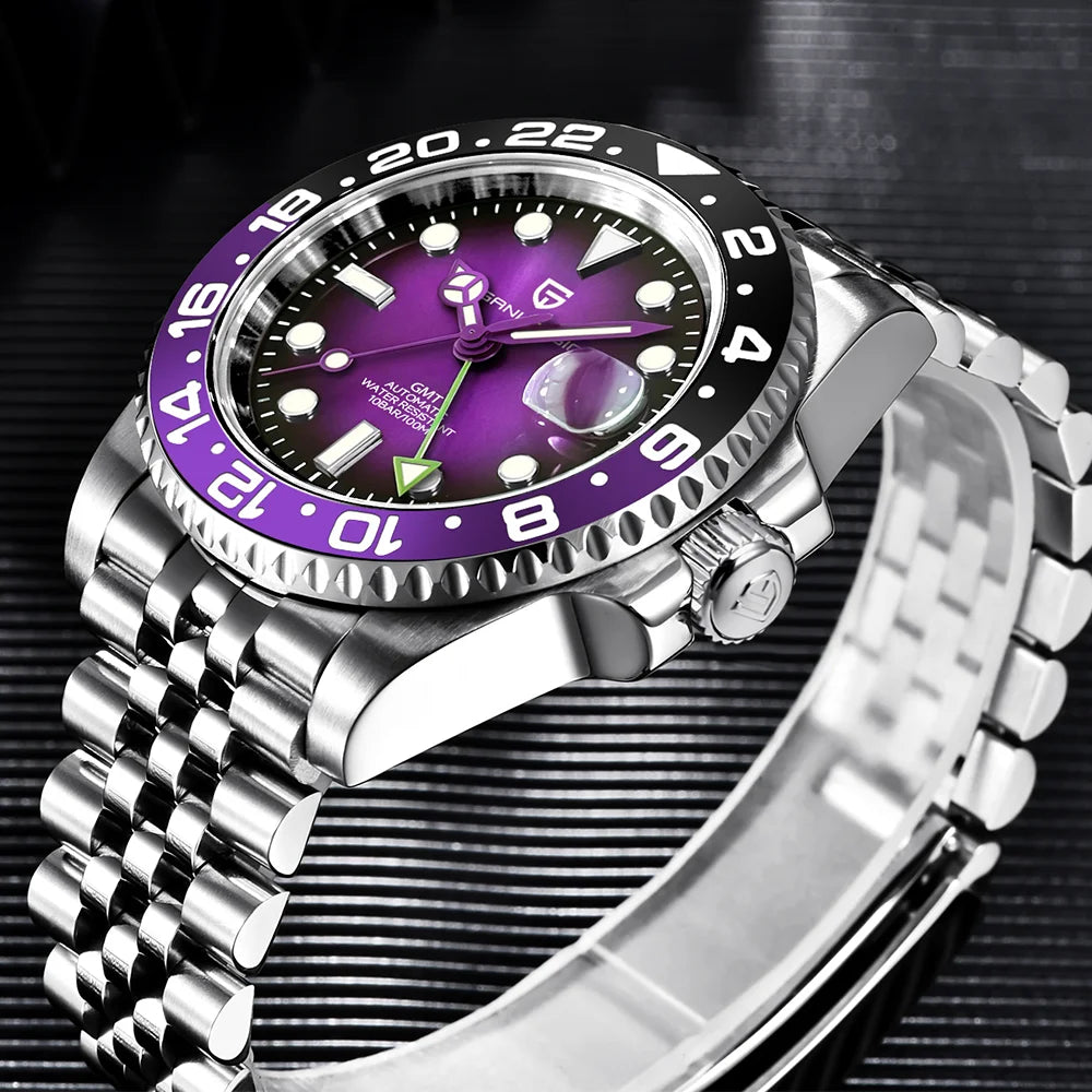 Механичен мъжки часовник Pagani Design GMT – Луксозен модел със сапфирен кристал, корпус от неръждаема стомана и керамична рамка – Автоматичен мъжки часовник, професионален стил