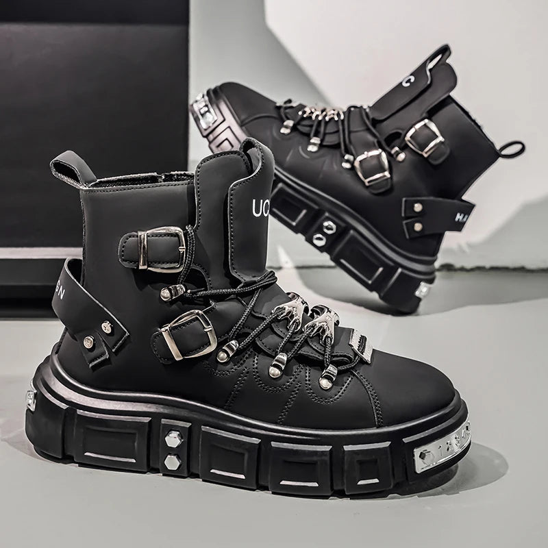 Baskets montantes noires à rivets, mode, pour homme, en cuir, design de luxe, chaussures de ville, style gothique et punk, bottes de moto pour homme, grandes tailles jusqu'à la taille 46