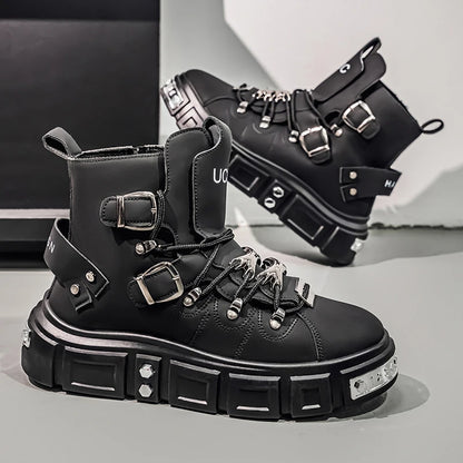 Baskets montantes noires à rivets, mode, pour homme, en cuir, design de luxe, chaussures de ville, style gothique et punk, bottes de moto pour homme, grandes tailles jusqu'à la taille 46